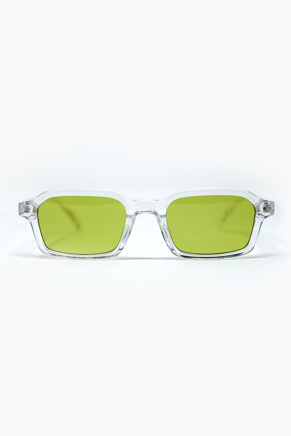 Rectangular Thick Acetate Clear Frame Sunglasses with Green Smoke Lense