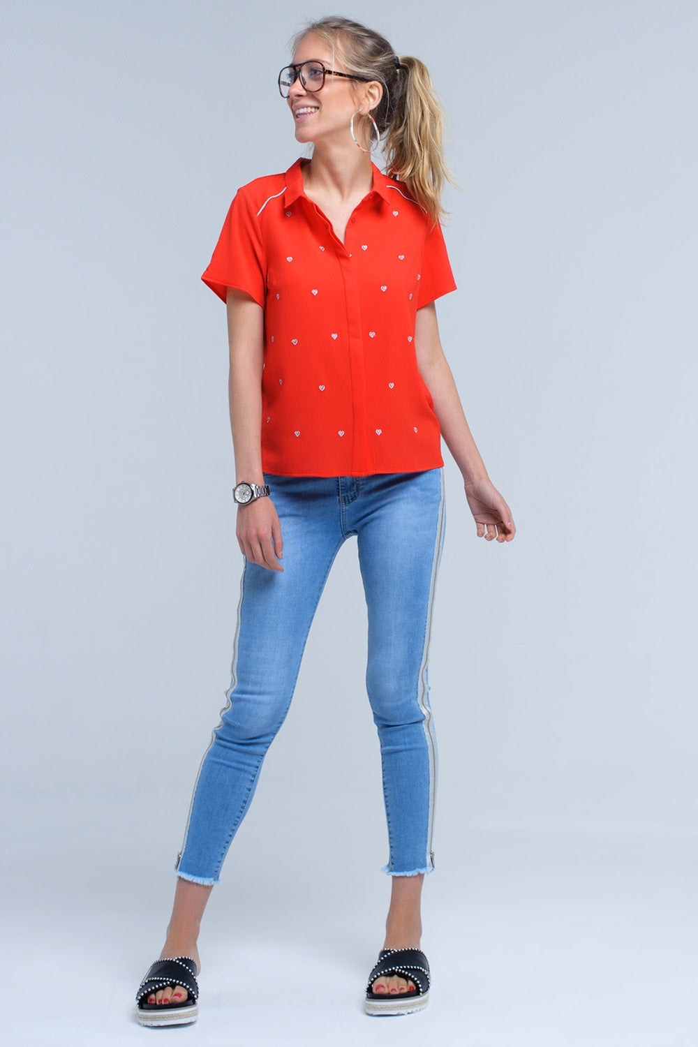 Red Shirt with Heart Embroidery