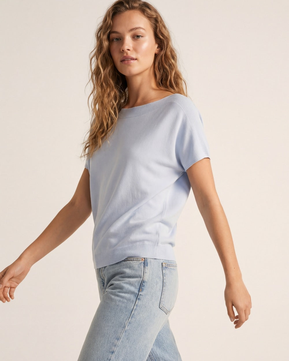 Relaxed Baby Blue Boatneck Sweater with Dropped Sleeves
