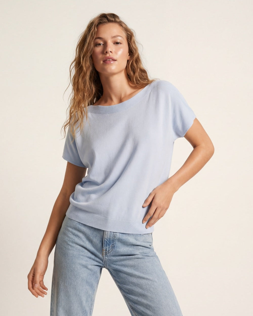 Relaxed Baby Blue Boatneck Sweater with Dropped Sleeves