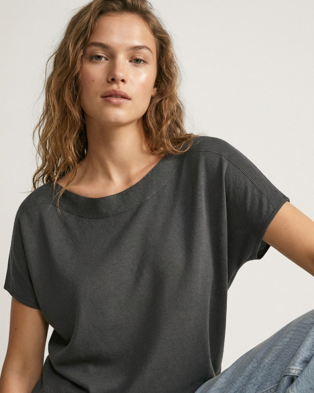 Relaxed Black Boatneck Sweater with Dropped Sleeves