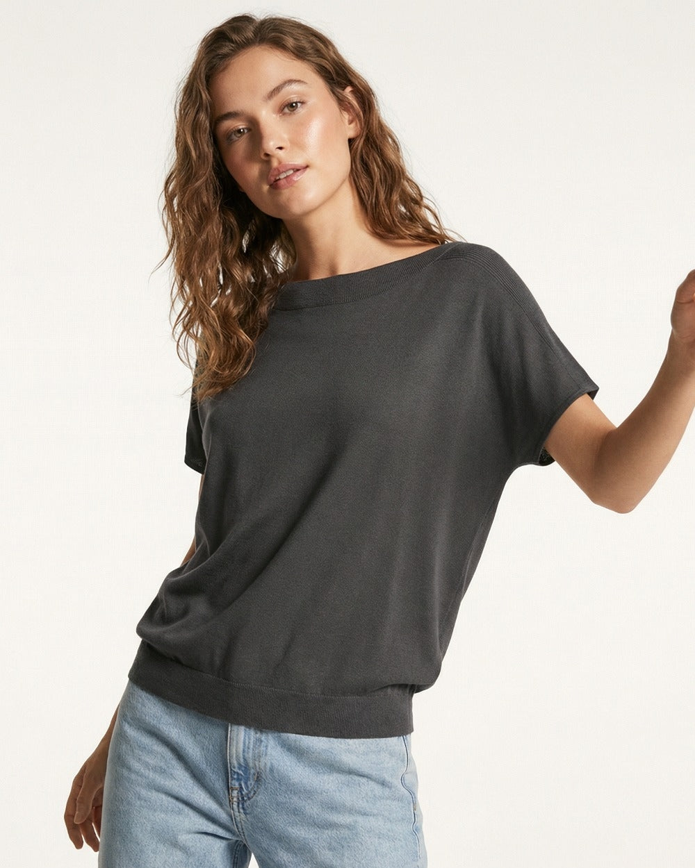 Relaxed Black Boatneck Sweater with Dropped Sleeves