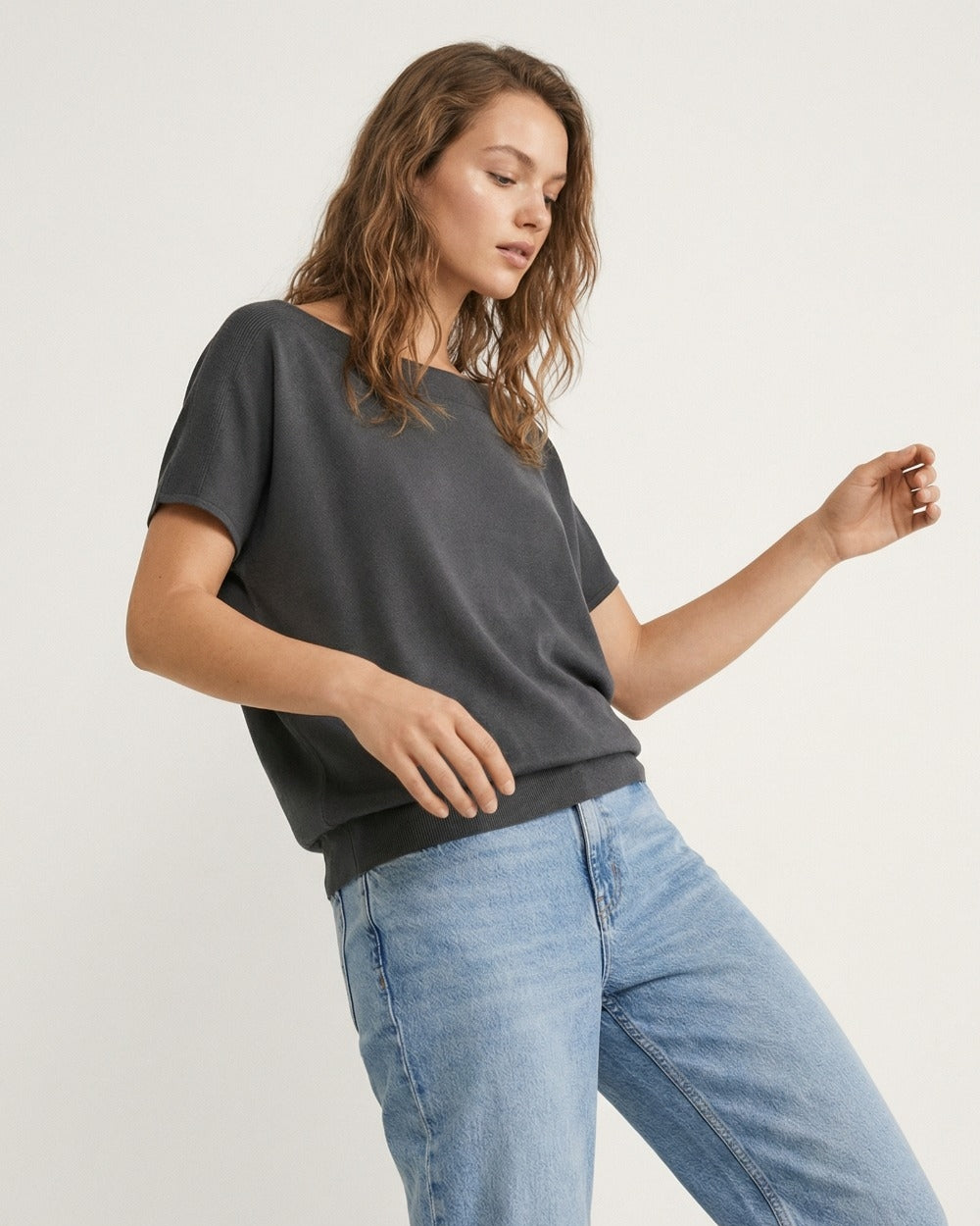 Relaxed Black Boatneck Sweater with Dropped Sleeves