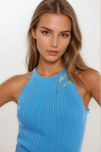 Ribbed Halter Top with Scalloped Finish in Electric Blue