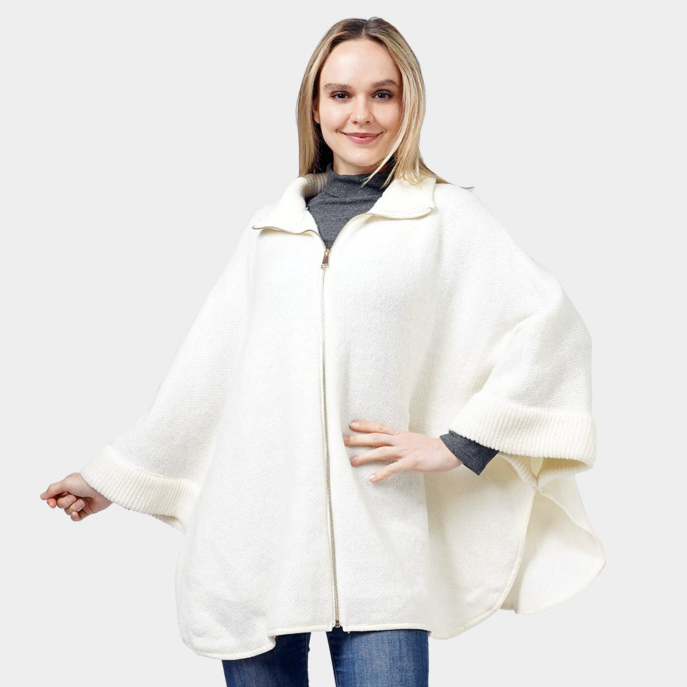 Zip-Up Knit Cape Poncho