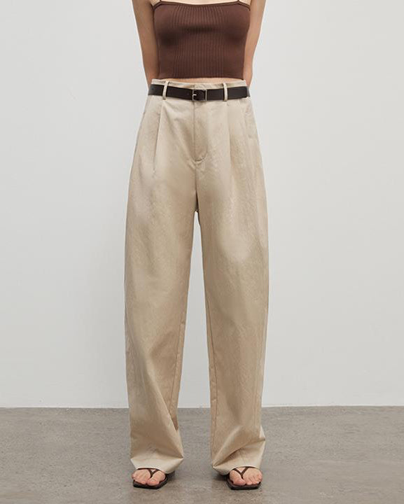 Spliced Double-Pleat Wide Leg Straight Trousers
