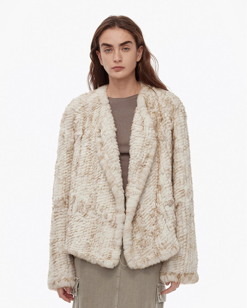 ‘Inspiration Glimpse’ Lapel Double-Breasted Loose Woven Rex Rabbit Fur Coat