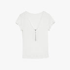 Wool Tencel Deep V-Neck with Zipper Short Sleeve Top