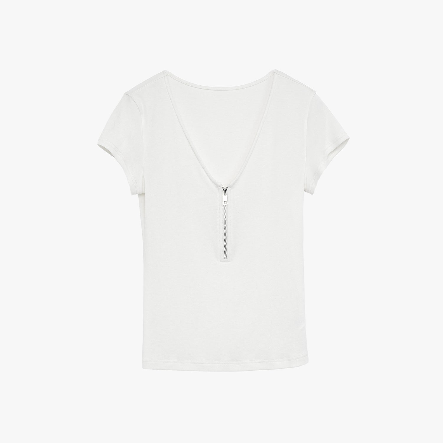 Wool Tencel Deep V-Neck with Zipper Short Sleeve Top