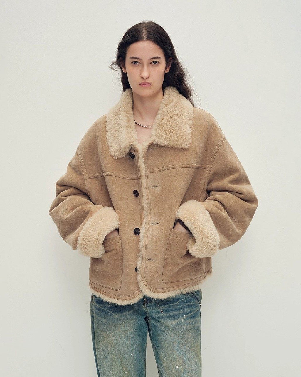 Firelady Fur Contrast Collar Shearling Coat with Shaved Leather Trim & Merino Shearling