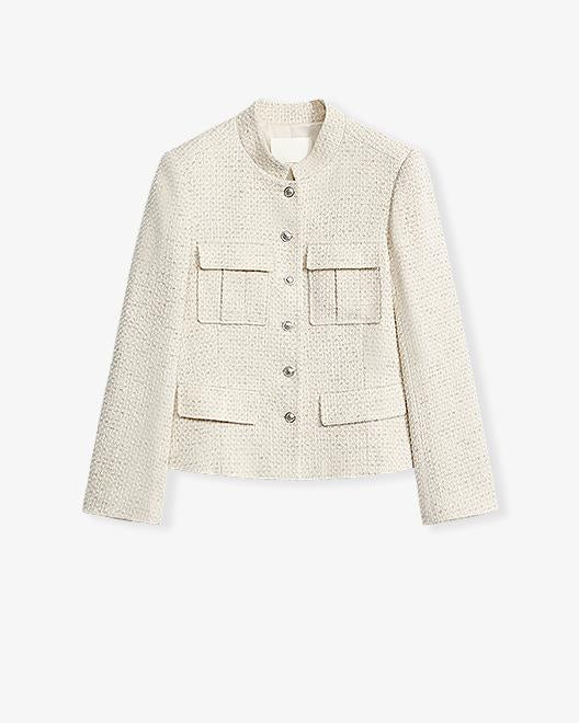 Heavy Wool Blend Tweed Stand Collar Waist Cropped Coat