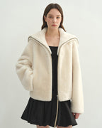 Women's Shearling Leather Coat | Short Navy Collar Merino Wool Blend ‘Butter Crisp’