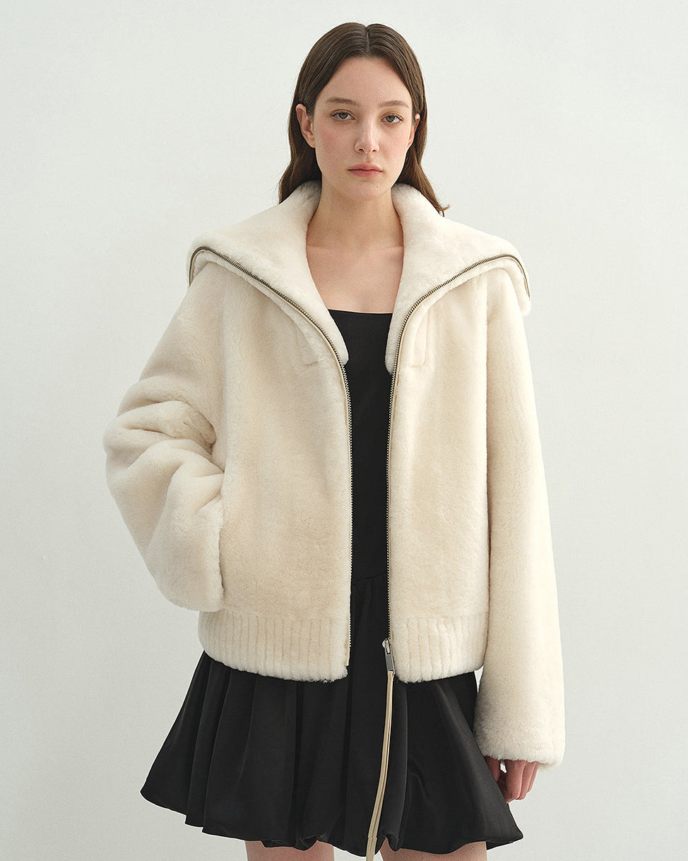 Women's Shearling Leather Coat | Short Navy Collar Merino Wool Blend ‘Butter Crisp’