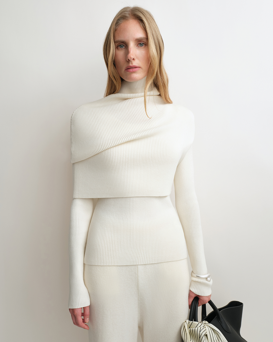 Merino Wool Turtleneck Sweater with Detachable Shawl | 2-Piece Knit Set 'Elegant Layers'