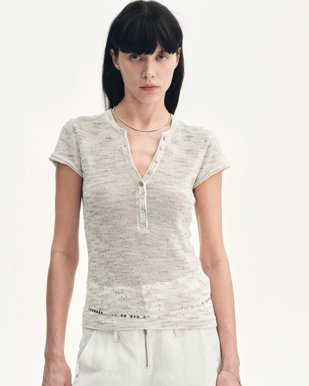 Cotton and Linen Blend Sequined Henley Neck Top ‘Minimalist Light Gap’