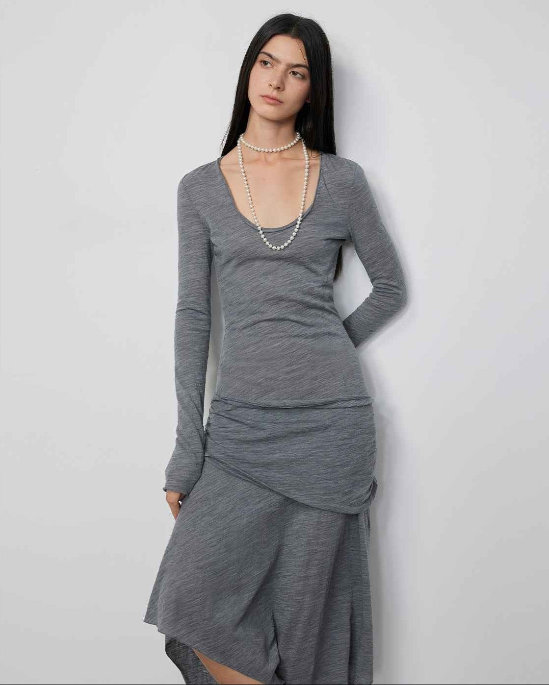 'Dreamy Ball' Lightweight and Breathable 100% Wool U-Neck Irregular Hem Dress