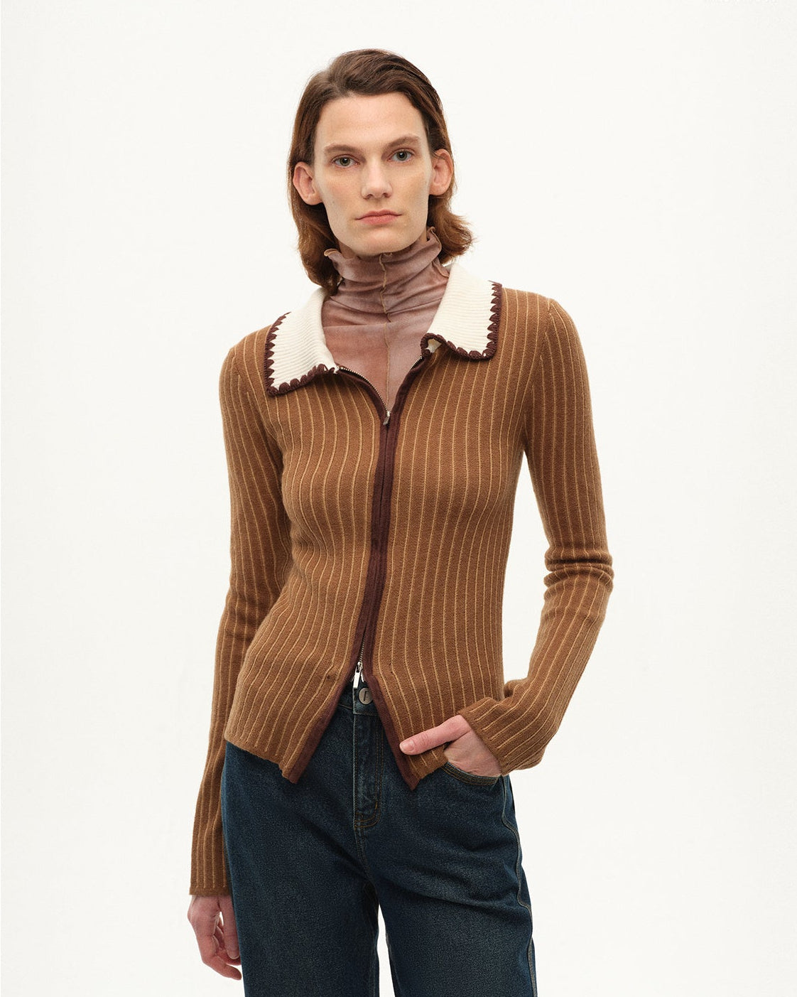 FF×JW Joint Striped Fabric Slim-Fitting Crocheted Lapel Wool Knitted Cardigan