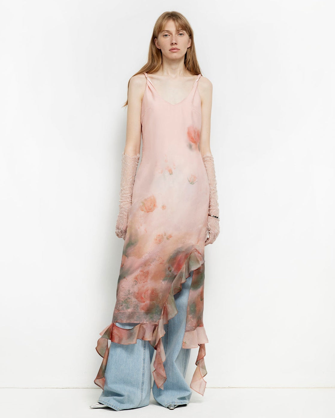 Acetate Mulberry Silk V-Neck Ruffled Draped Twist Strap Summer Dress ‘Rosy Ombre’