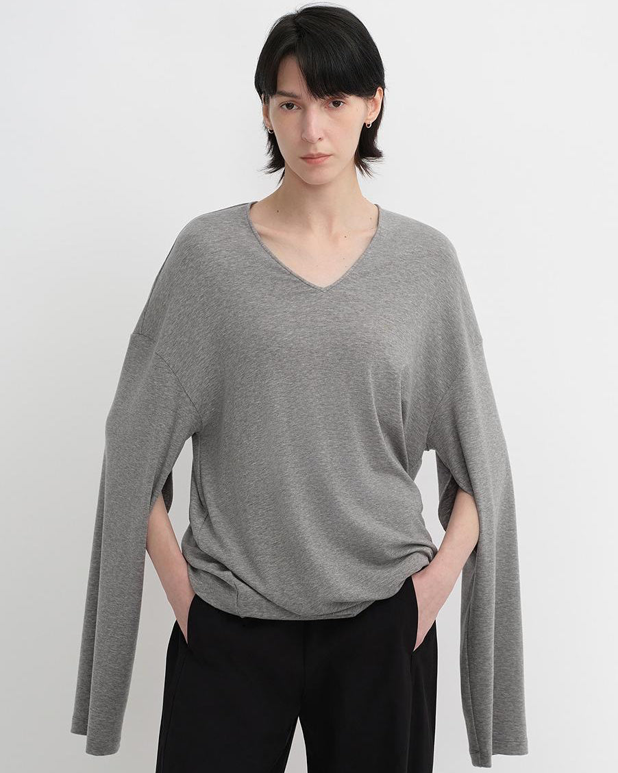 Tencel Wool V-Neck Two-Wear Elastic Hem T-Shirt