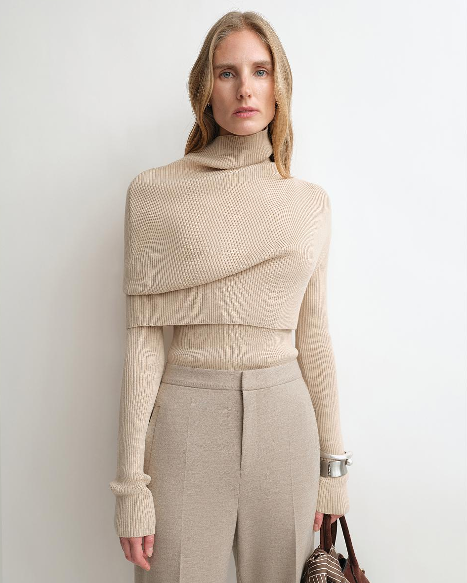 Merino Wool Turtleneck Sweater with Detachable Shawl | 2-Piece Knit Set 'Elegant Layers'