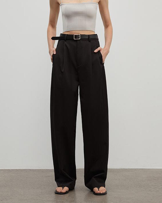 Spliced Double-Pleat Wide Leg Straight Trousers