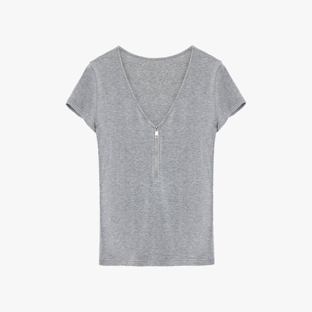 Wool Tencel Deep V-Neck with Zipper Short Sleeve Top