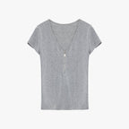 Wool Tencel Deep V-Neck with Zipper Short Sleeve Top