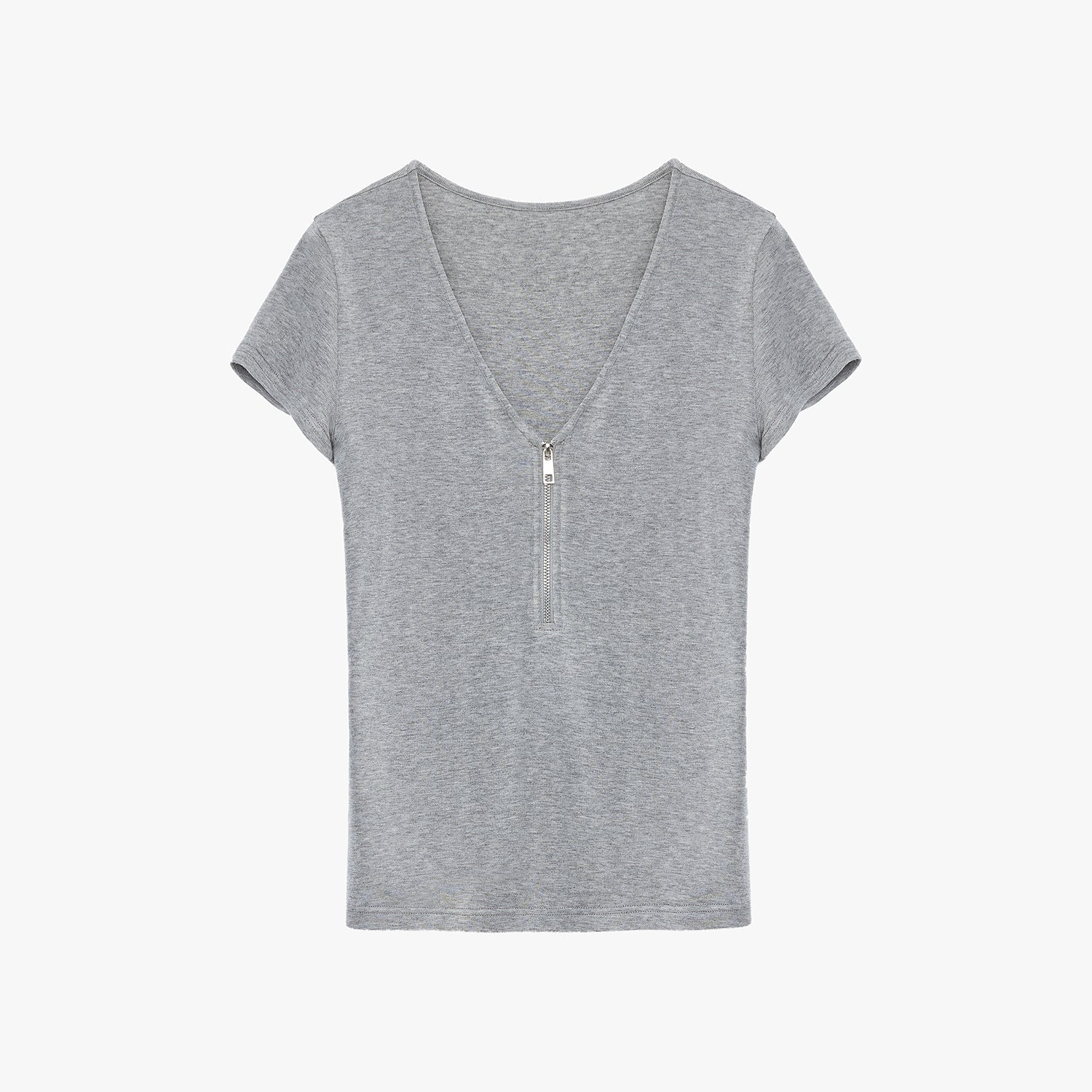 Wool Tencel Deep V-Neck with Zipper Short Sleeve Top