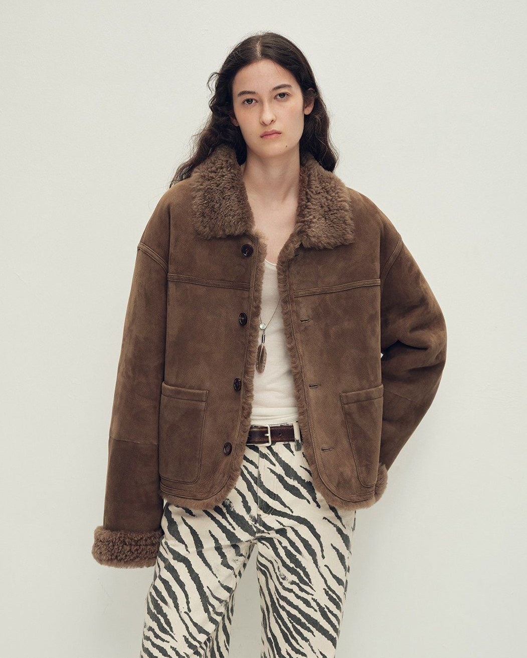 Firelady Fur Contrast Collar Shearling Coat with Shaved Leather Trim & Merino Shearling