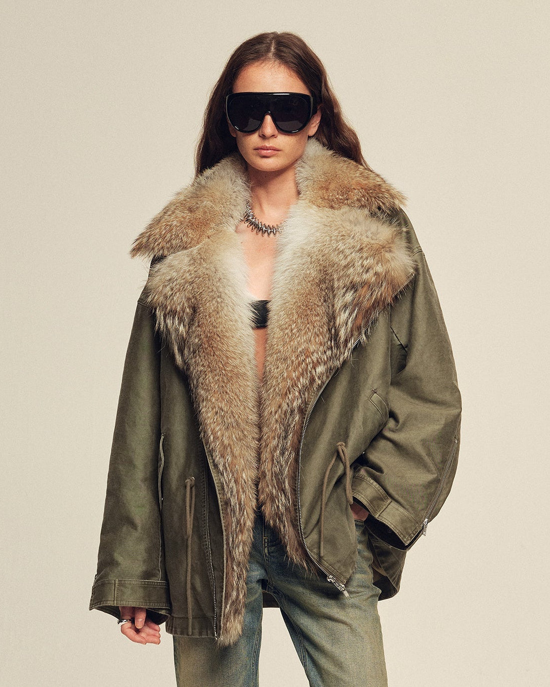 Fireladyfur Sheepskin Parka Coat with Two-Tone Toscana Coyote Fur Collar