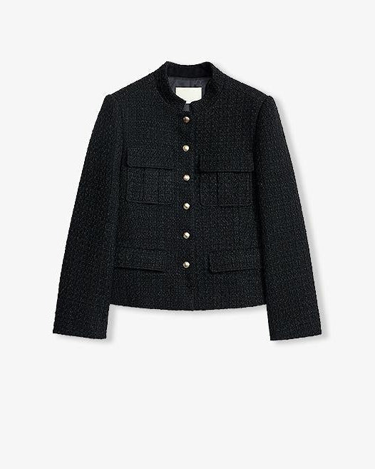 Heavy Wool Blend Tweed Stand Collar Waist Cropped Coat