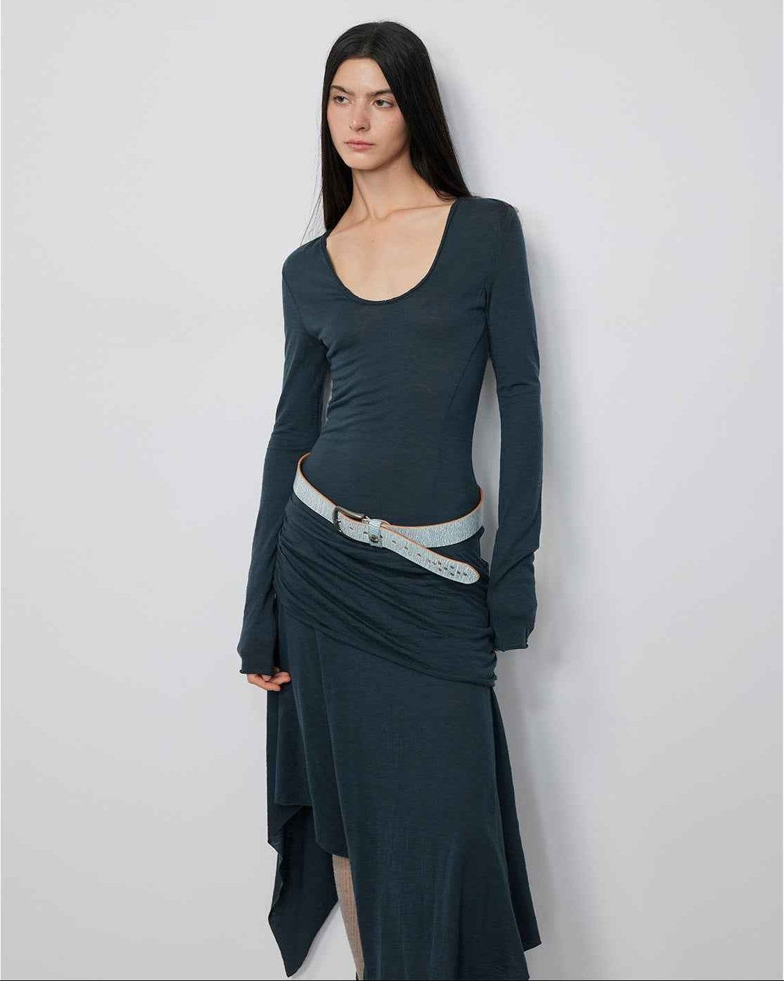 'Dreamy Ball' Lightweight and Breathable 100% Wool U-Neck Irregular Hem Dress