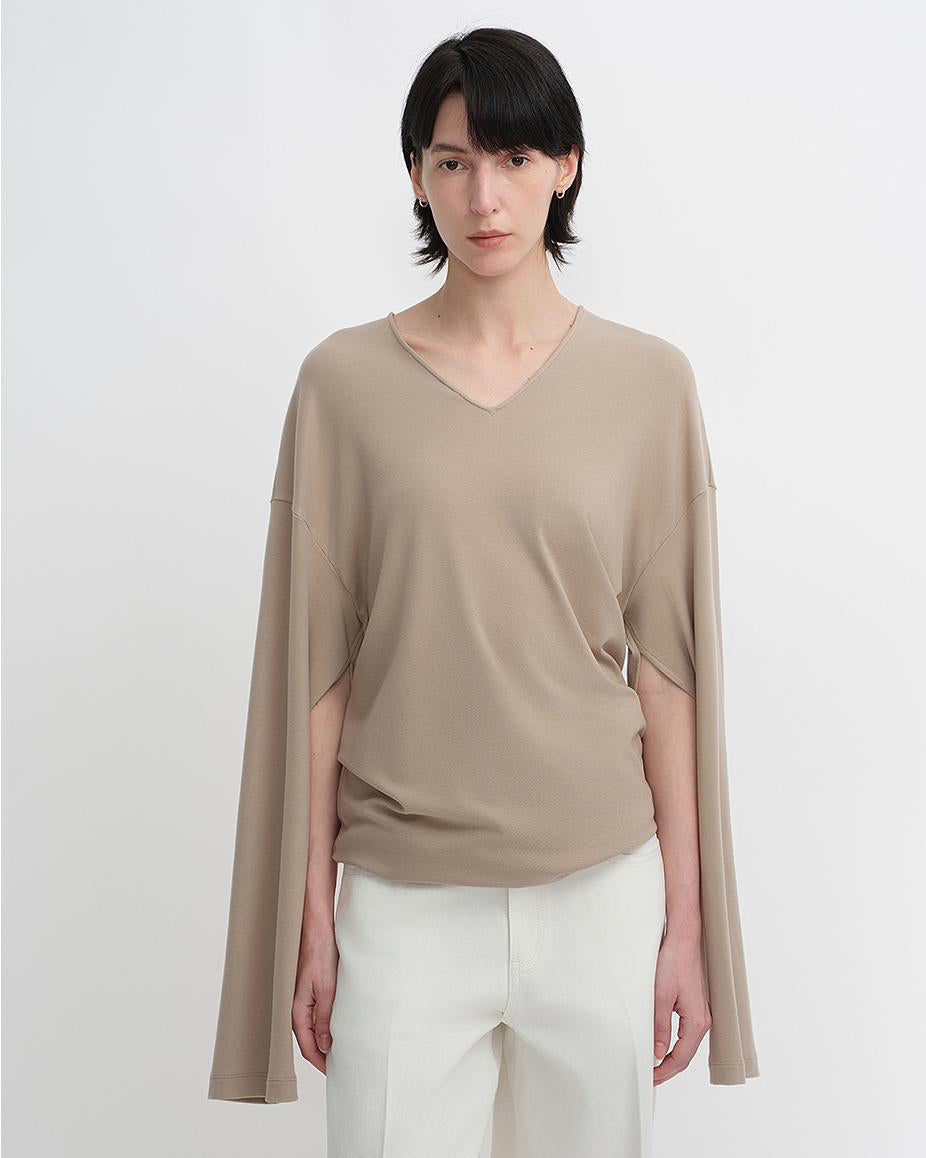 Tencel Wool V-Neck Two-Wear Elastic Hem T-Shirt