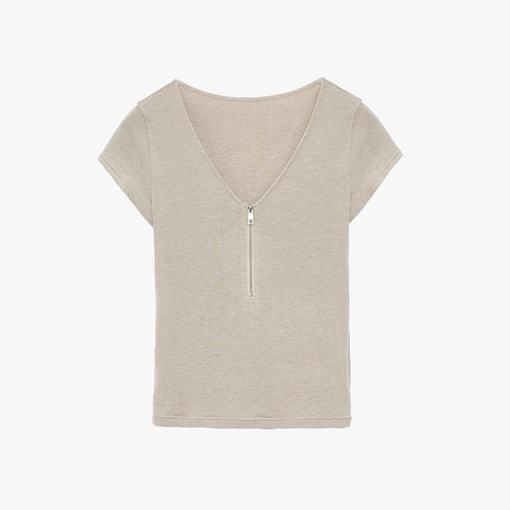 Wool Tencel Deep V-Neck with Zipper Short Sleeve Top