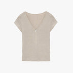 Wool Tencel Deep V-Neck with Zipper Short Sleeve Top