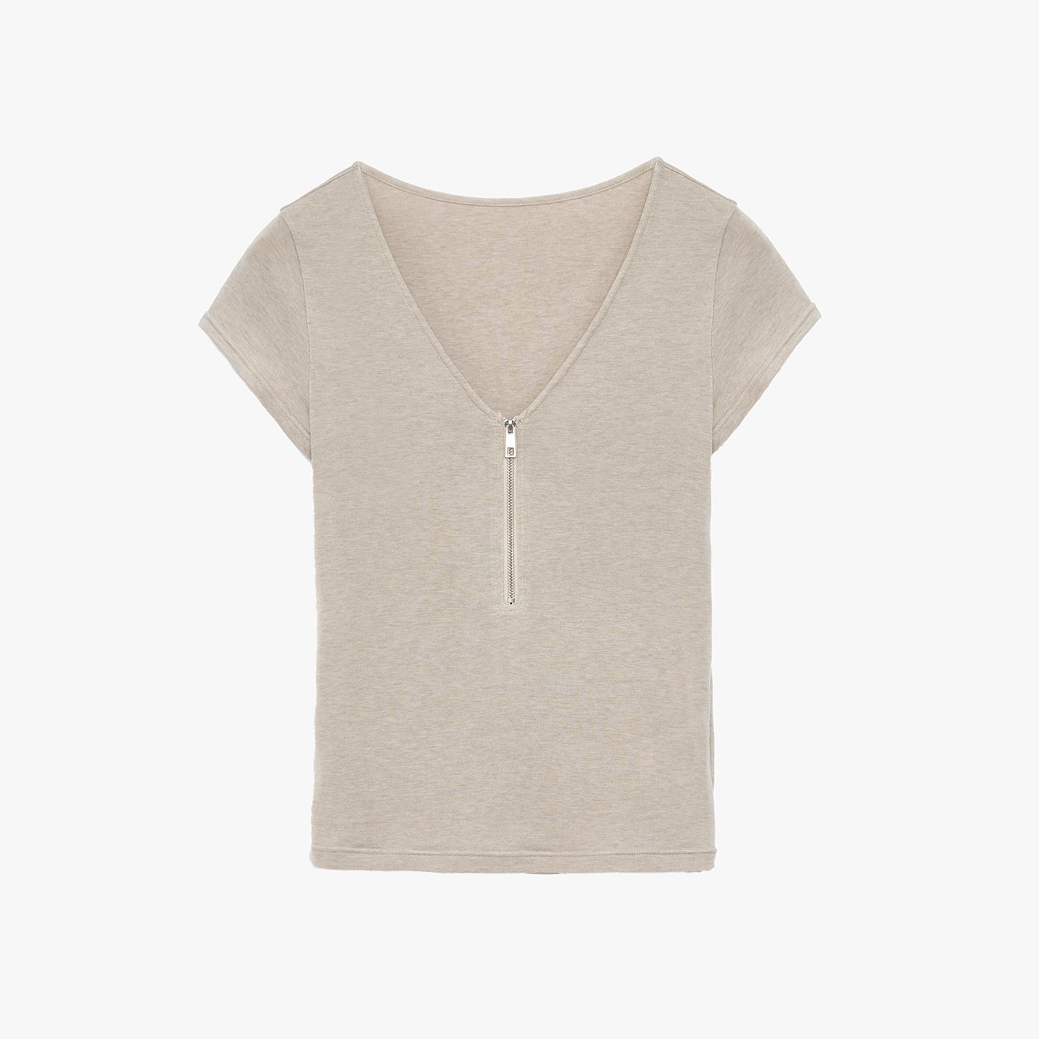Wool Tencel Deep V-Neck with Zipper Short Sleeve Top