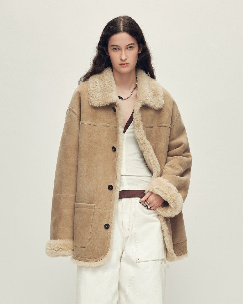 Firelady Fur Contrast Collar Shearling Coat with Shaved Leather Trim & Merino Shearling