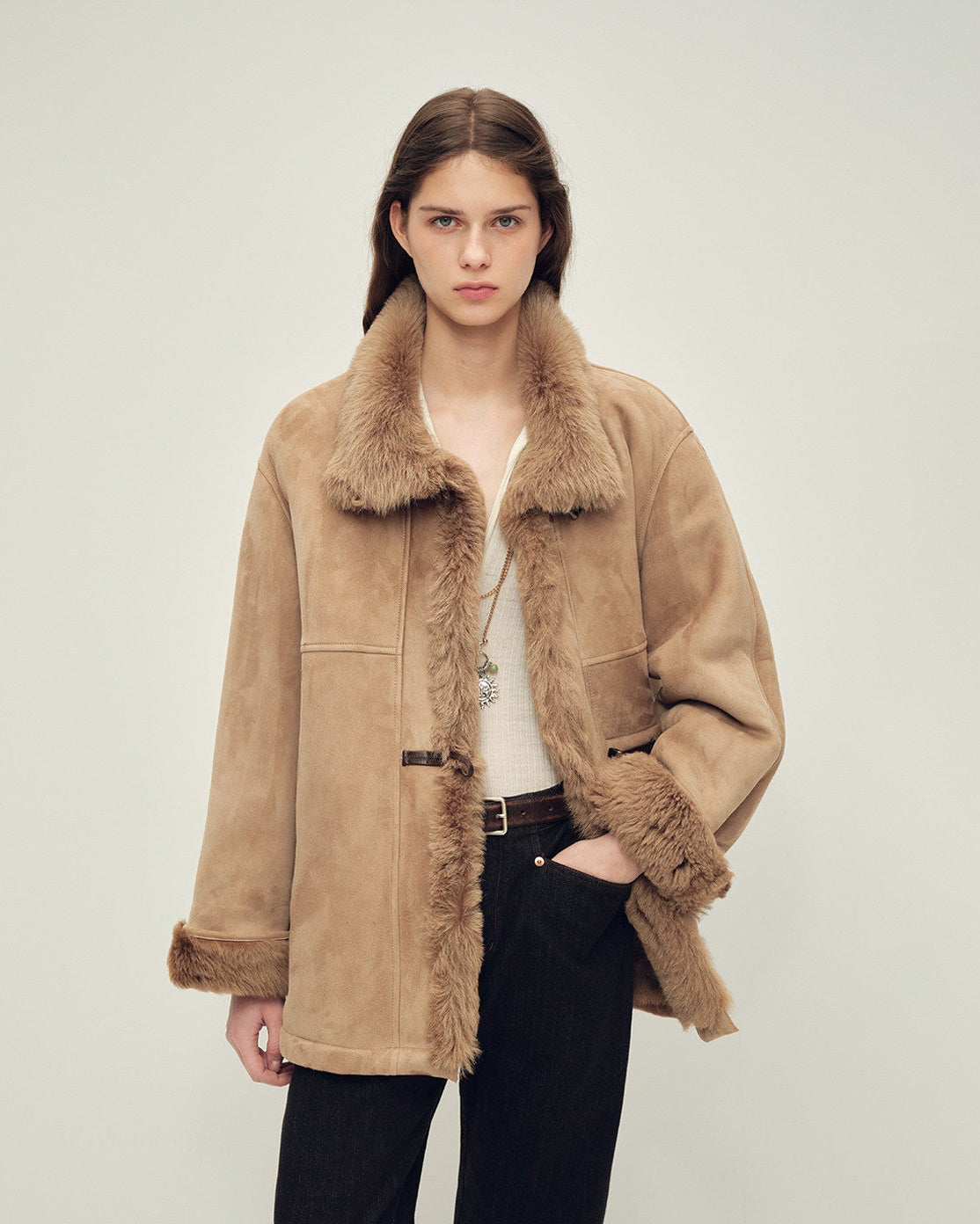 Firelady Fur Shearling Jacket with Italian Tuscan Curly Wool Suede Collar ‘Glam Belle’