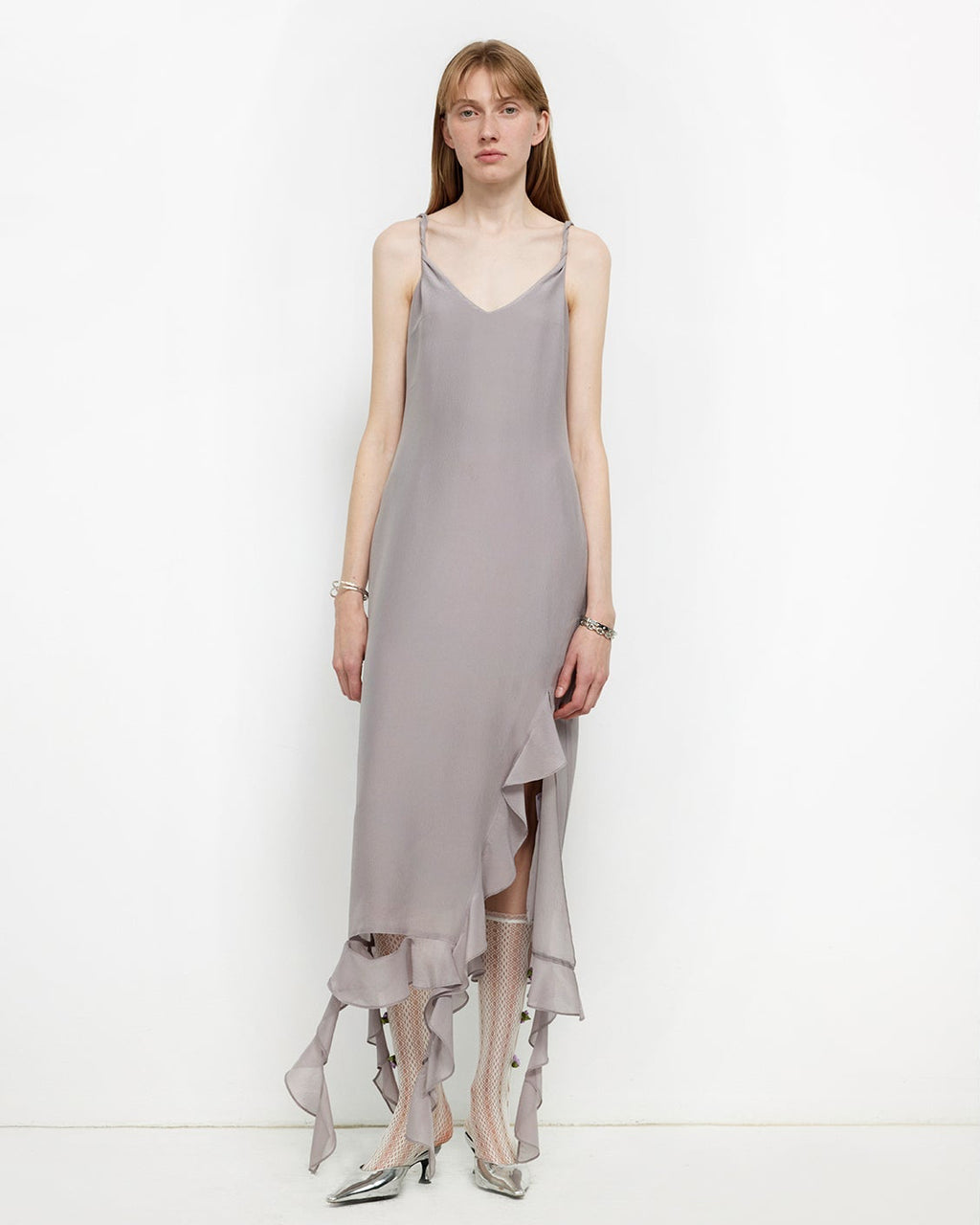Acetate Mulberry Silk V-Neck Ruffled Draped Twist Strap Summer Dress ‘Rosy Ombre’