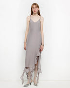 Acetate Mulberry Silk V-Neck Ruffled Draped Twist Strap Summer Dress ‘Rosy Ombre’