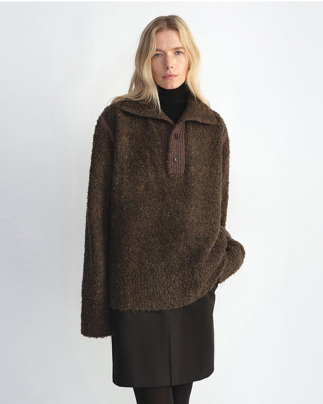 Alpaca Wool Blend Bouclé Yarn Spliced Polo Sweater Shirt