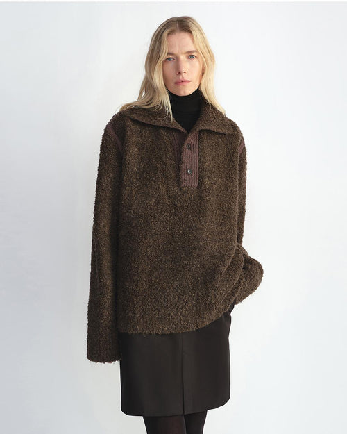 Alpaca Wool Blend Bouclé Yarn Spliced Polo Sweater Shirt