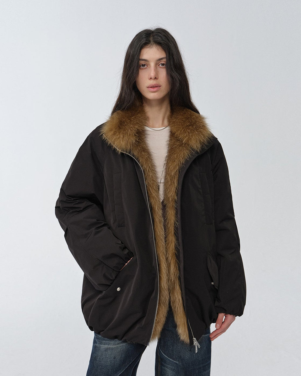 Fireladyfur Mid-Length Two-Tone Fox Fur Down Jacket 'Warm Dialogue'