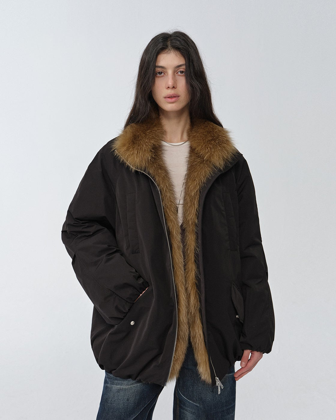 Fireladyfur Mid-Length Two-Tone Fox Fur Down Jacket 'Warm Dialogue'