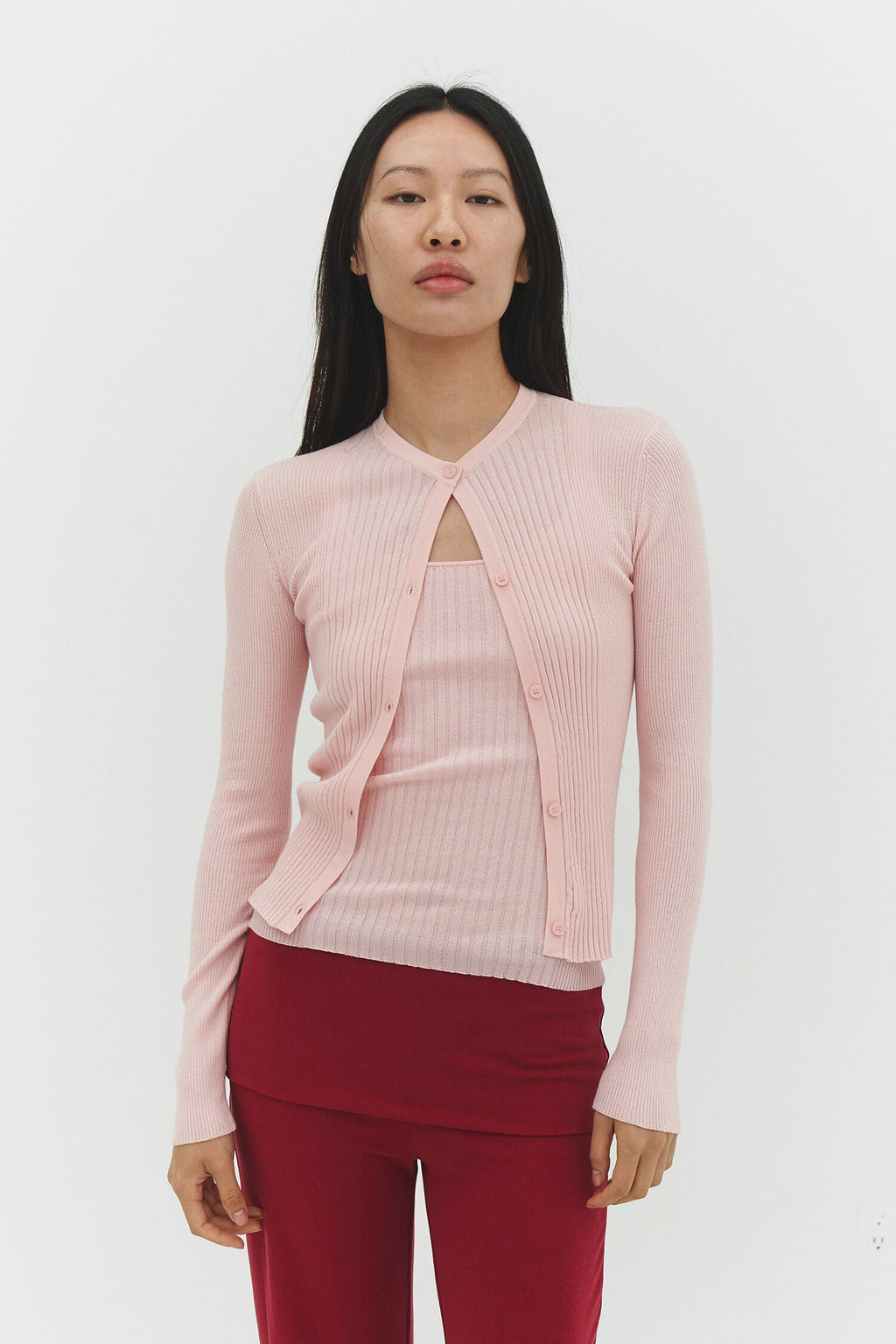 Ribbed Knit Cardigan in Powered Pink