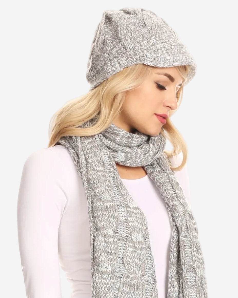 Sakkas Coline Soft Heather Chunky Cable knit Hat and Scarf Set Warm Cozy Winter