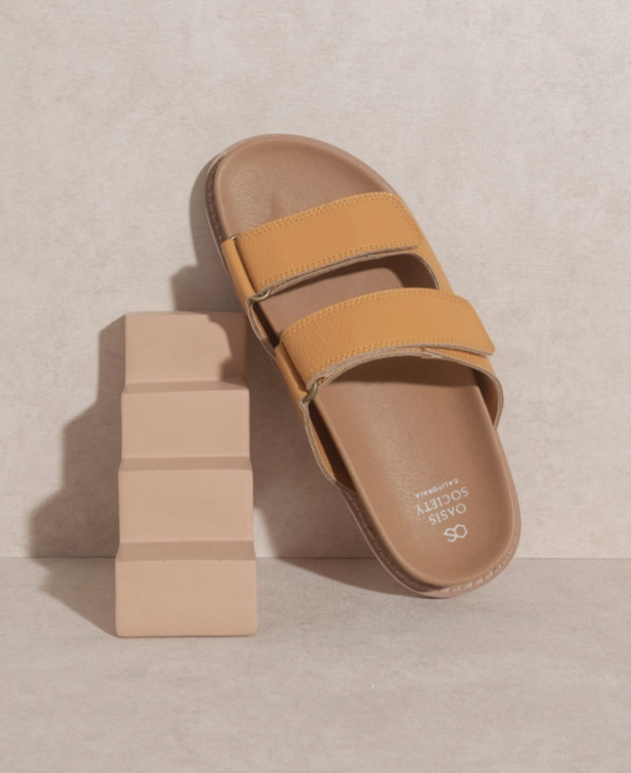 Oasis Society Sienna Cognac Double Strap Slide Sandals