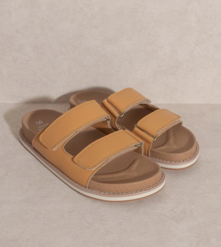 Oasis Society Sienna Cognac Double Strap Slide Sandals