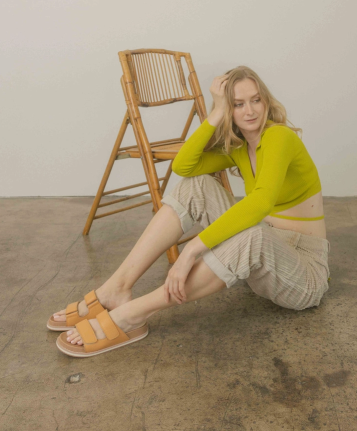 Oasis Society Sienna Cognac Double Strap Slide Sandals