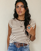 Serena Stripe Ribbed Round Neck Trim Loose Tank Top | Brown